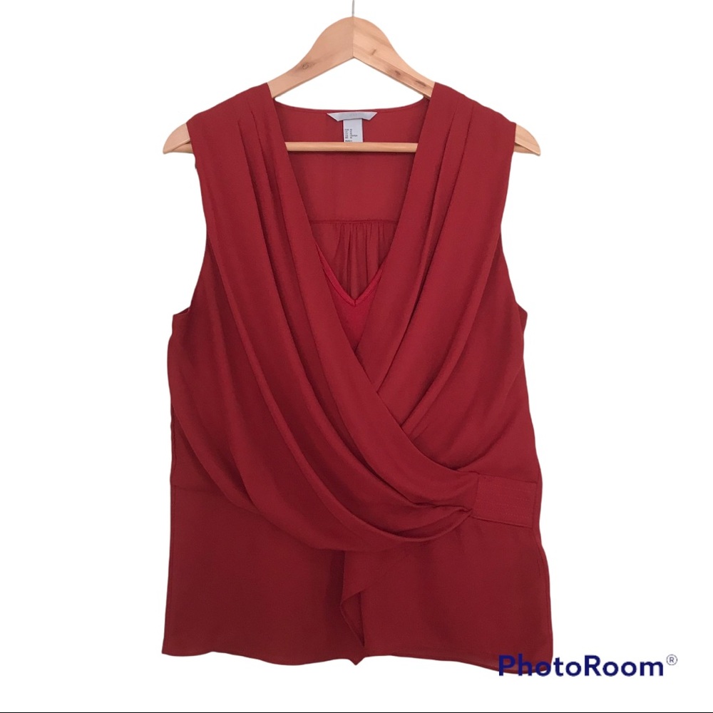 H&M Sleeveless Cranberry Blouse Faux Wrap Drapey V-Neck
